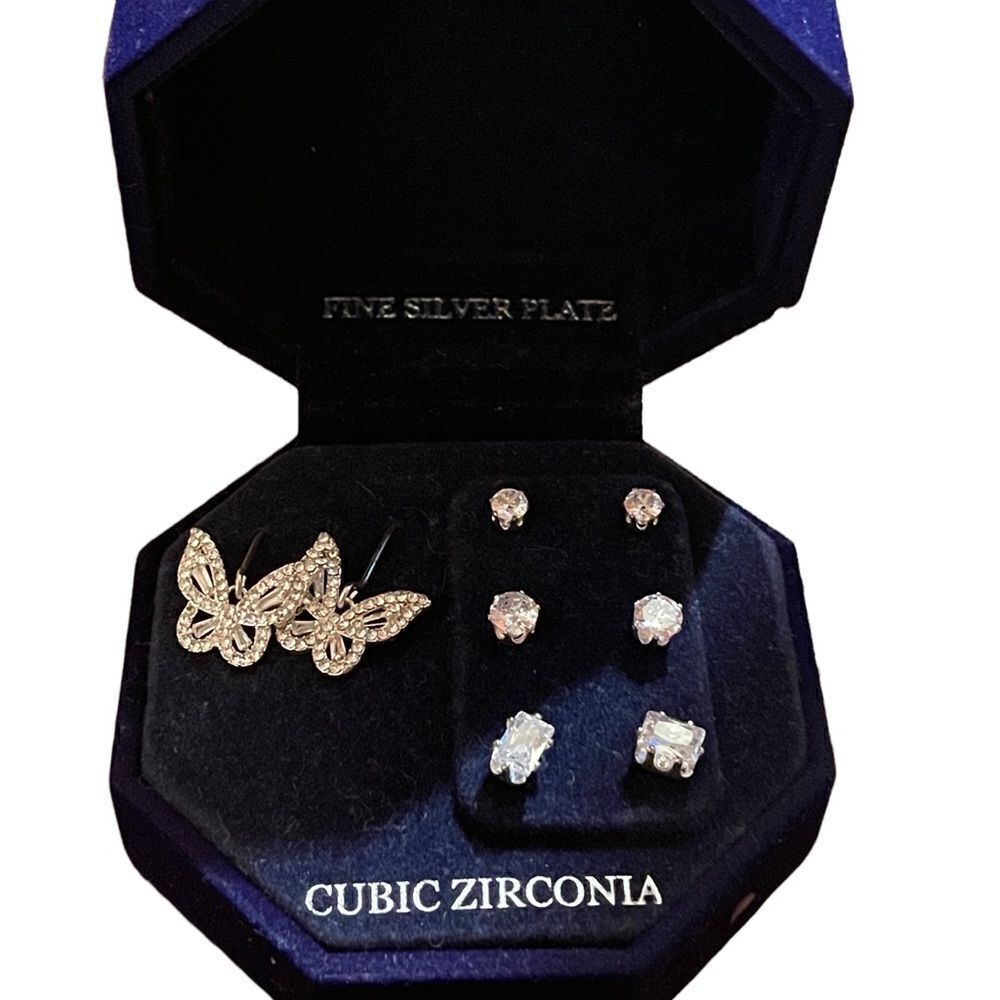 Silver Plate Cubic Zirconia Butterfly earrings and Stud Earring Set